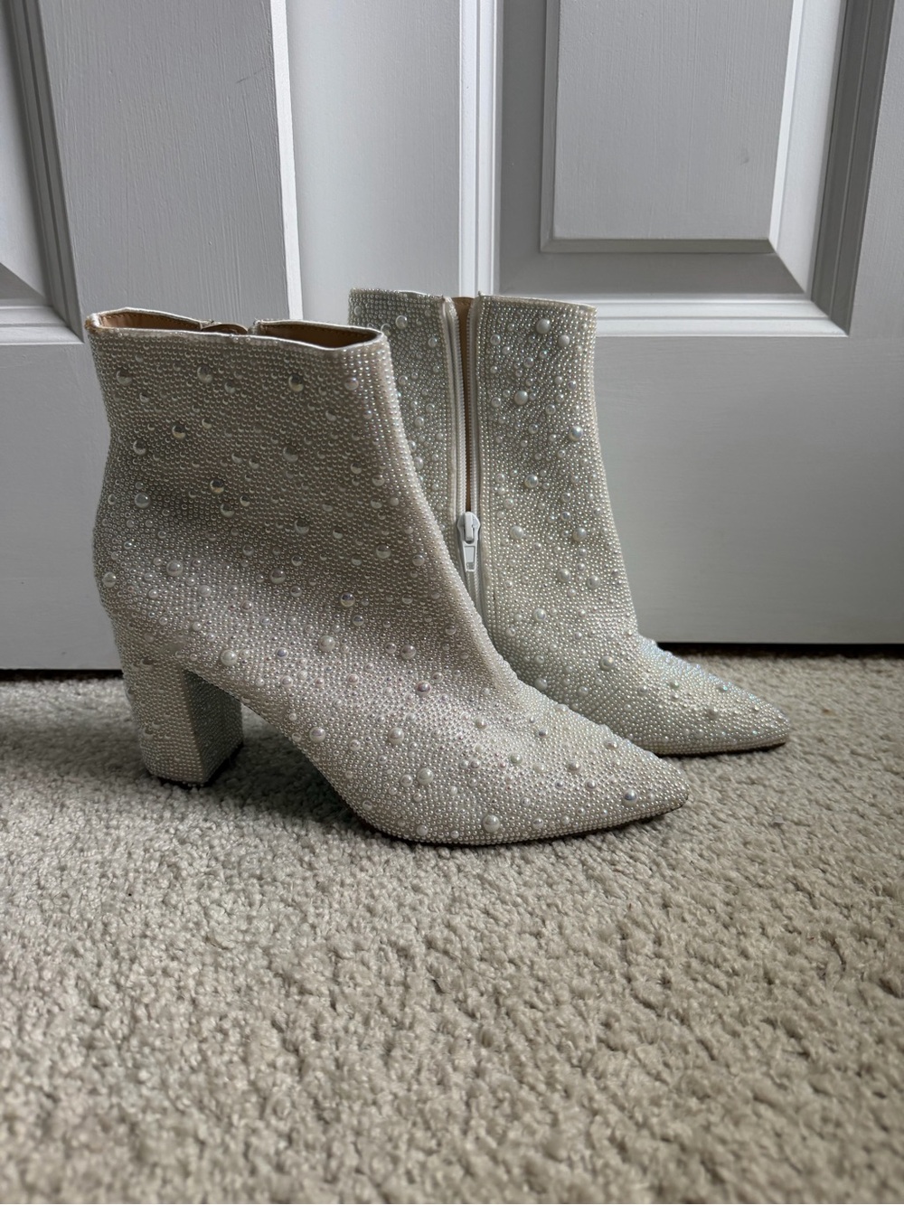 Betsey Johnson Ivory Pearl & Crystal Embellished Ankle Boots